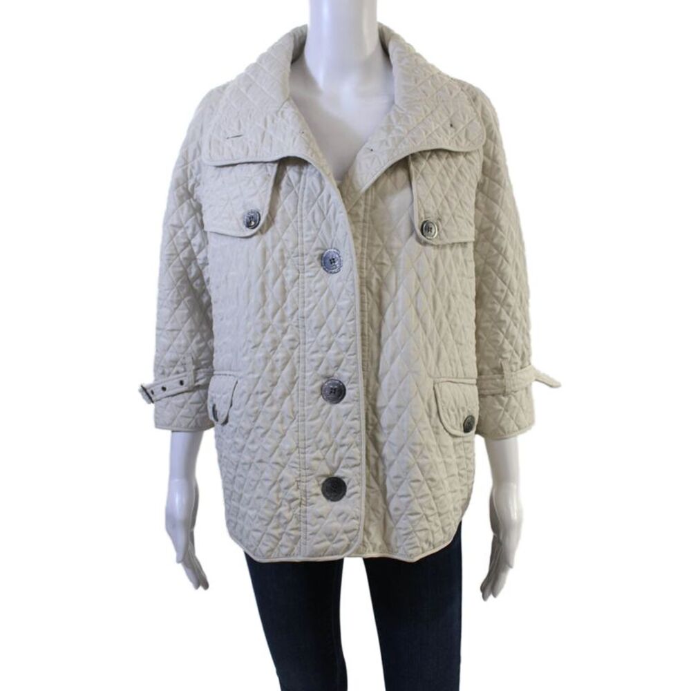 Mel & Lisa Womens Quilted Beige Jacket Collared 3/4 Sleeve Argyle Size 6